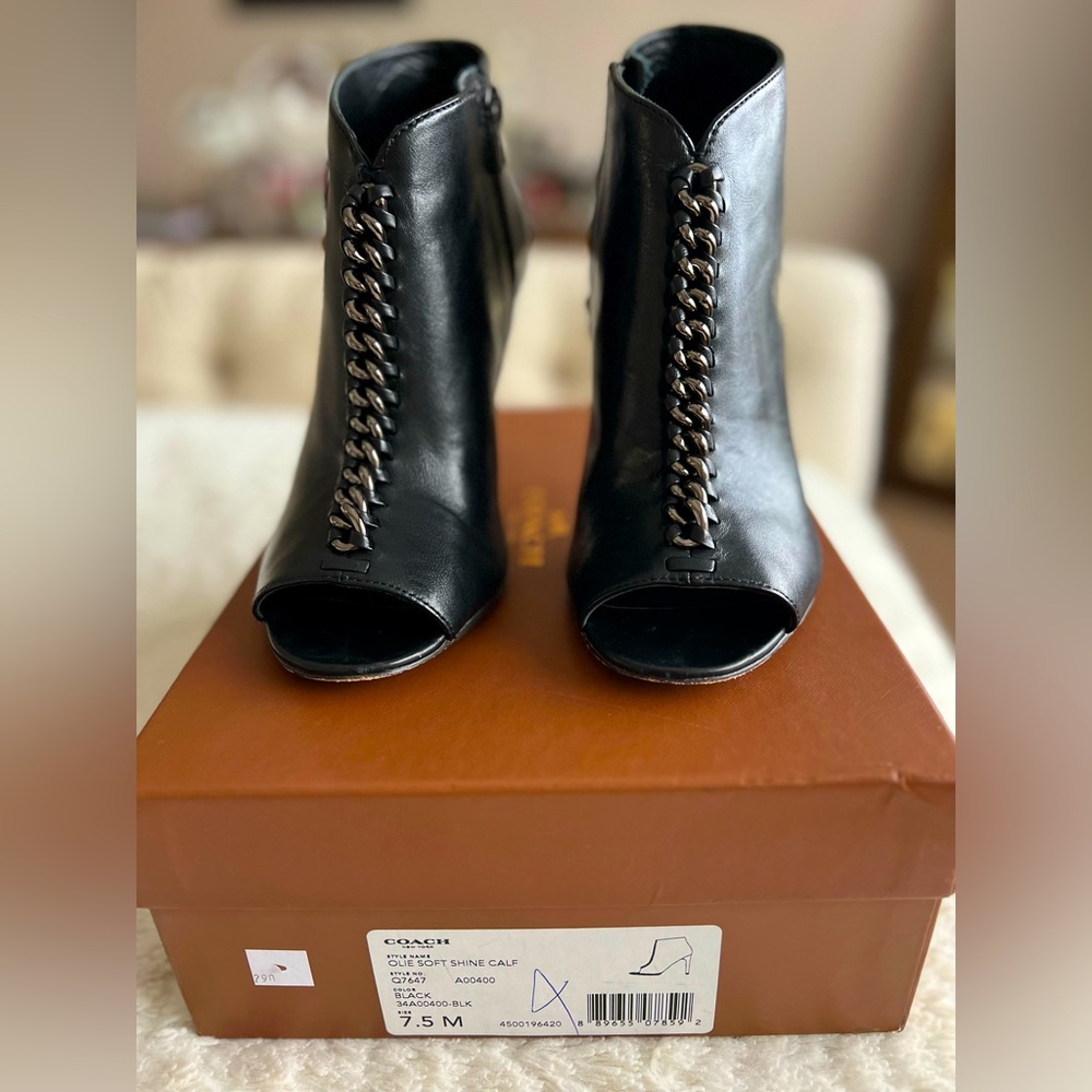 Coach Olie Soft Shine Calf Peep Toe Stilettos